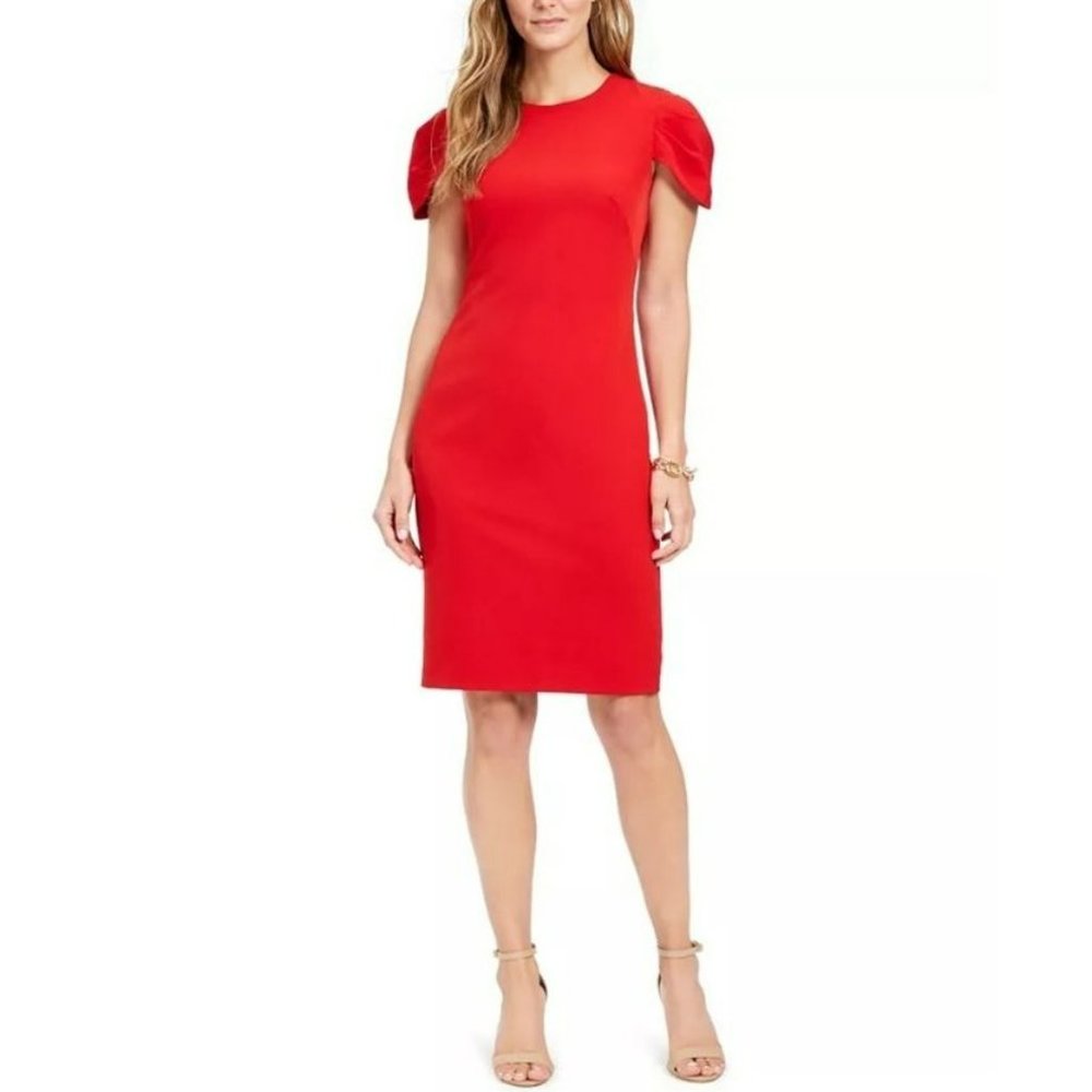 Vince Camuto Women's Pleat Cap Sleeve Crepe Sheath Dress Red Size 10 B22-08